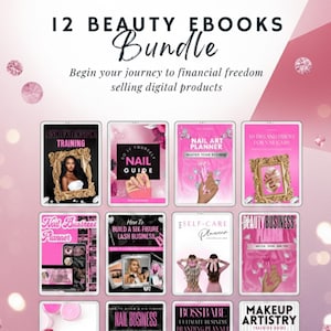 May include: A promotional image for a digital product bundle. The image features 12 ebooks with titles like "Lash Extensions Training", "Nail Art Planner", and "Beauty Business Planner". The background is pink with decorative elements.
