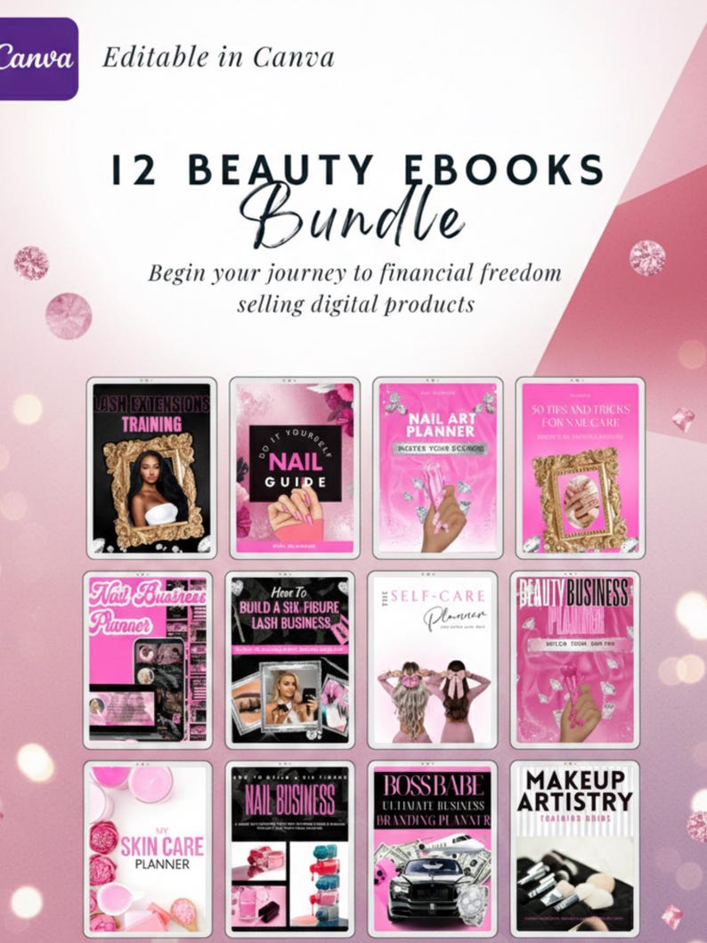 May include: A promotional image for a digital product bundle. The image features 12 ebooks with titles like "Lash Extensions Training", "Nail Art Planner", and "Beauty Business Planner". The background is pink with decorative elements.