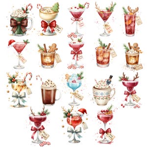 May include: Watercolor illustration of various festive cocktails and drinks, including martinis, hot chocolate, and eggnog. Each drink is decorated with holiday-themed garnishes like candy canes, gingerbread men, and whipped cream. Some drinks have tags with text.