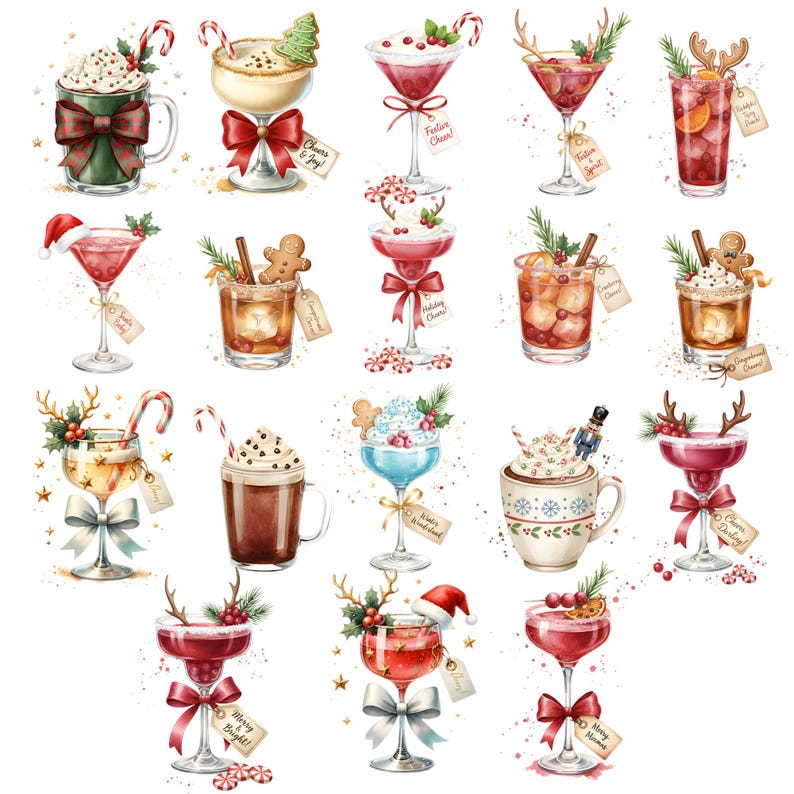May include: Watercolor illustration of various festive cocktails and drinks, including martinis, hot chocolate, and eggnog. Each drink is decorated with holiday-themed garnishes like candy canes, gingerbread men, and whipped cream. Some drinks have tags with text.