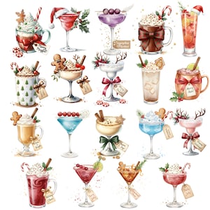May include: Watercolor illustration of various festive holiday cocktails and drinks. The image features a variety of drinks with whipped cream, gingerbread men, candy canes, and holiday decorations. Some drinks have tags with text like "Merry Mugful!" and "Holiday Cheer!"