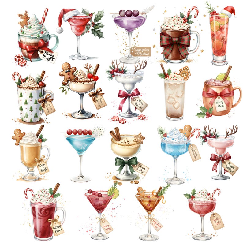 May include: Watercolor illustration of various festive holiday cocktails and drinks. The image features a variety of drinks with whipped cream, gingerbread men, candy canes, and holiday decorations. Some drinks have tags with text like "Merry Mugful!" and "Holiday Cheer!"