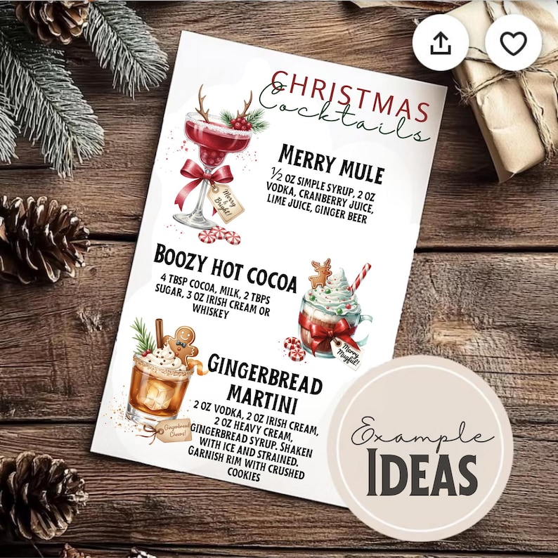 May include: A festive Christmas cocktails print with three drink recipes: Merry Mule, Boozy Hot Cocoa, and Gingerbread Martini. The print features illustrations of the cocktails and ingredients, with the words "Christmas Cocktails" at the top and "Example Ideas" at the bottom.