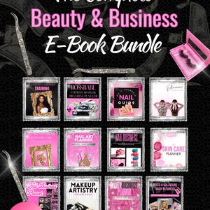 May include: A promotional image for a beauty and business e-book bundle. The title is in pink, with images of individual e-books on nail care, makeup artistry, and lash business. The background features money and diamond accents.