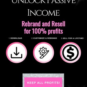 May include: Black graphic with the text "UNLOCK PASSIVE INCOME" and "Rebrand and Resell for 100% profits." Includes icons and the words "DOWNLOAD", "CUSTOMIZE & REBRAND", and "SELL FOR A LIFETIME!" with the text "KEEP ALL PROFITS!"