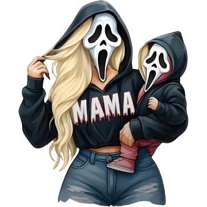 May include: Illustration of a woman and child wearing Scream masks and black hoodies. The woman's hoodie says "MAMA" in white letters. The woman is wearing blue jeans and has long blonde hair. The child is wearing pink pants and pink shoes.