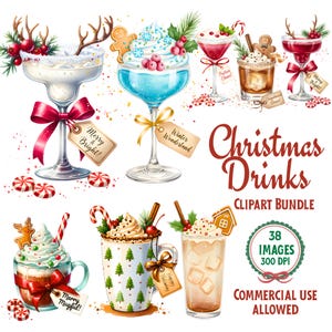 May include: A collection of watercolor Christmas drinks, including cocktails and hot beverages, adorned with festive garnishes like gingerbread men, candy canes, and whipped cream. The image includes the text "Christmas Drinks Clipart Bundle".