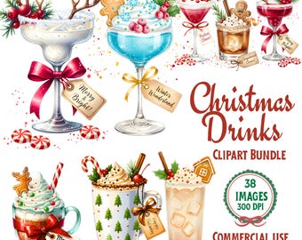 Kerstcocktails clipartbundel, aquarel vakantiedrankjes, aquarel png (commercieel gebruik)