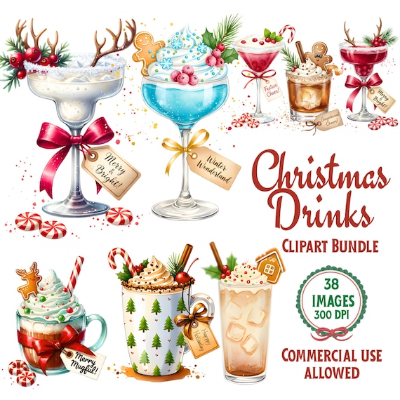 Christmas Cocktails Clipart Bundle, Watercolor Holiday Drinks PNG (Commercial Use)