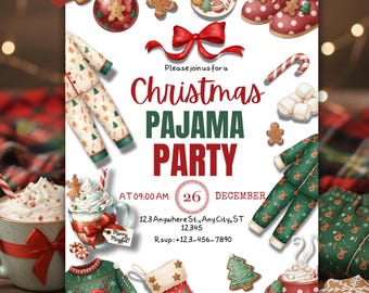 Christmas Pajama Party Invitation | Holiday Sleepover, Editable Template