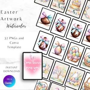 May include: A set of 32 digital watercolor Easter illustrations featuring bunnies, eggs, baskets, and spring flowers. The illustrations are perfect for creating cards, invitations, and other crafts.
