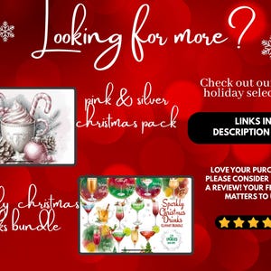 May include: A red background with white snowflakes and text that reads "Looking for more?" and "pink & silver christmas pack". The image also includes a "sparkly christmas drinks bundle" and "Check out our other holiday selections!"