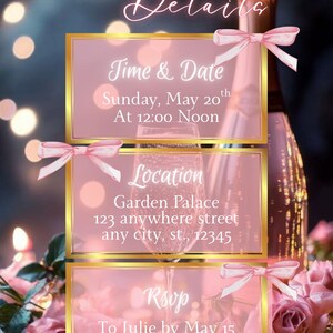 Może przedstawiać: R&oacute;żowe zaproszenie ze złotą obw&oacute;dką, zawierające szczeg&oacute;ły wydarzenia. Tekst zawiera "The Details", "Time & Date", "Location" i "RSVP". Ozdobione r&oacute;żowymi kokardkami, butelką szampana, kieliszkiem szampana i r&oacute;żowymi r&oacute;żami.