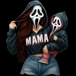 May include: Illustration of a person and a child wearing Ghostface masks. The person is wearing a black hoodie with the word "MAMA" in white letters. The child is wearing a matching black hoodie and pink shoes. Both are set against a black background.