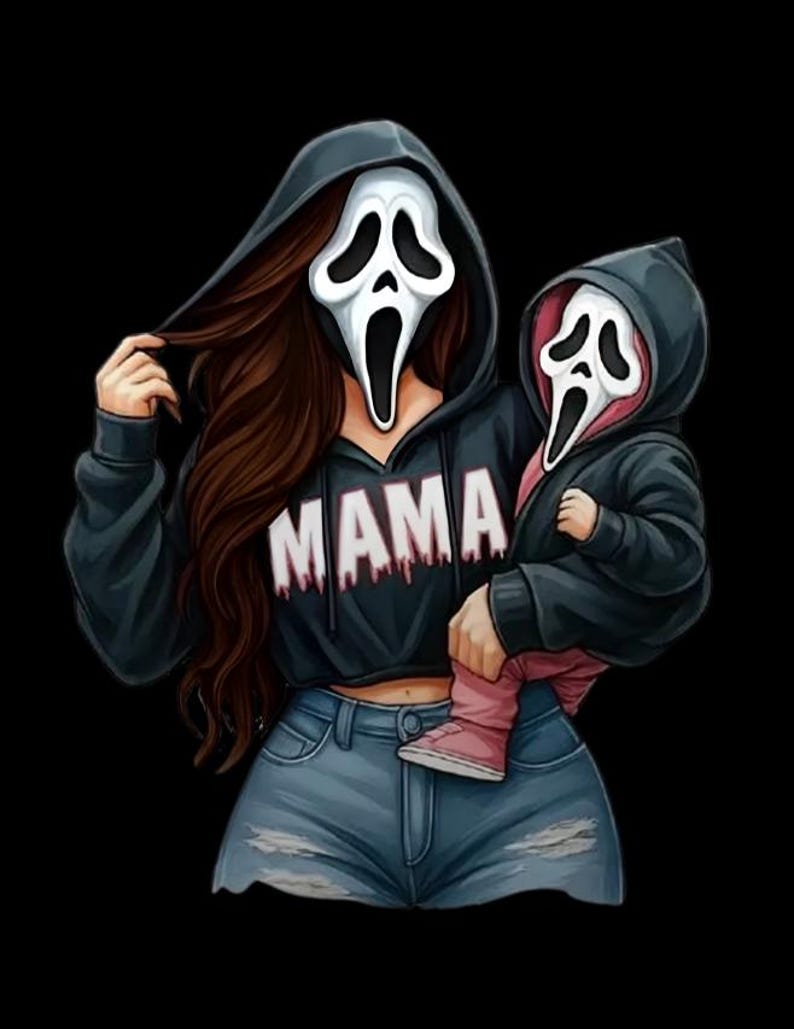 May include: Illustration of a person and a child wearing Ghostface masks. The person is wearing a black hoodie with the word "MAMA" in white letters. The child is wearing a matching black hoodie and pink shoes. Both are set against a black background.