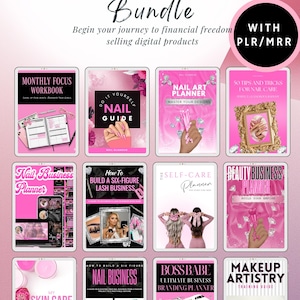May include: A bundle of 12 beauty eBooks with a pink and white theme. Titles include "Nail Art Planner", "Beauty Business Planner", and "Makeup Artistry Training Guide". The text "Instant Download | Editable in Canva" is at the top.