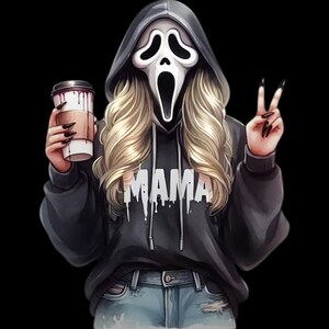 May include: Illustration of a figure in a Scream mask with long blonde hair, wearing a black hoodie with "MAMA" printed on it, and blue jeans. The figure holds a coffee cup and makes a peace sign.