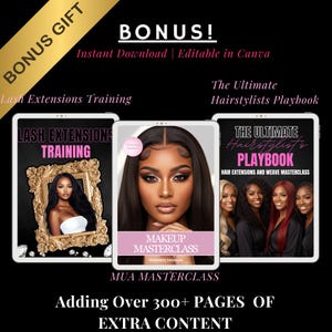 May include: Digital marketing materials for beauty professionals. The image features three tablets displaying training manuals for lash extensions, makeup, and hairstyling. The text includes "BONUS GIFT" and "Instant Download | Editable in Canva."