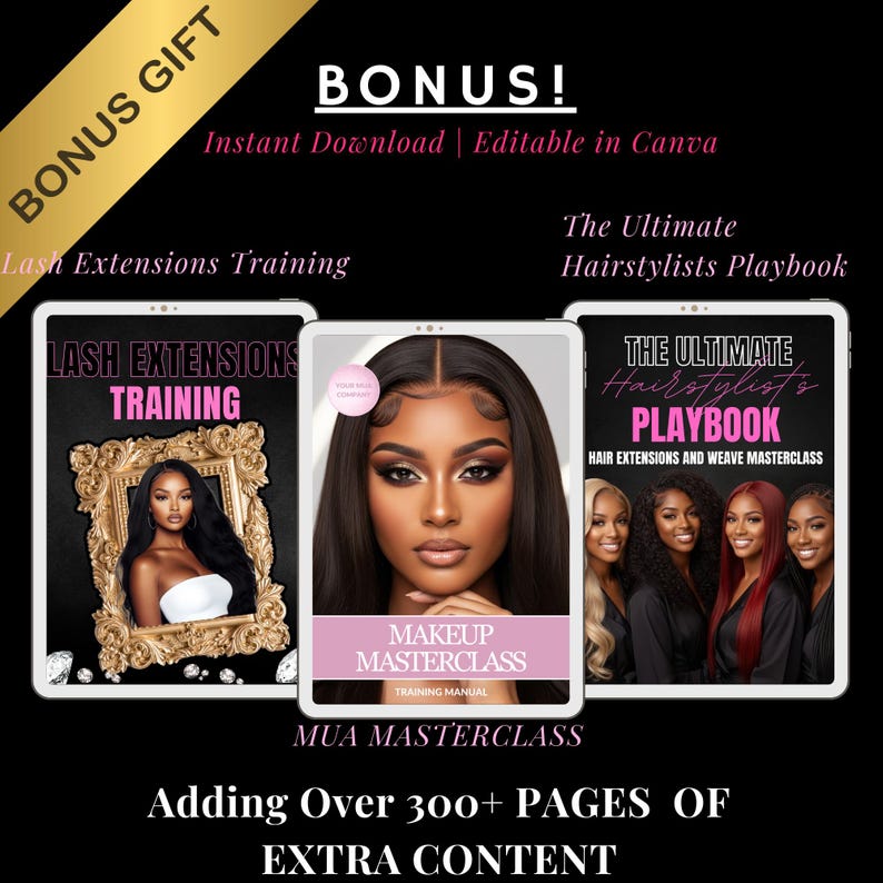 May include: Digital marketing materials for beauty professionals. The image features three tablets displaying training manuals for lash extensions, makeup, and hairstyling. The text includes "BONUS GIFT" and "Instant Download | Editable in Canva."