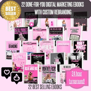 Puede incluir: Imagen promocional de 22 ebooks de marketing digital, principalmente en rosa y negro. Los títulos incluyen "Digital Products", "The Hustler Handbook" y "Boss Babe". La imagen también presenta el texto "Best Seller" y "24 hour turnaround!" con personalización.