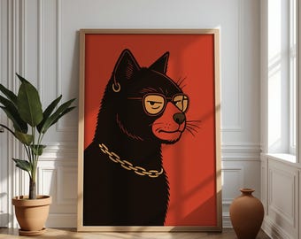 Black Cat Poster Retro Minimal Wall Art Hipster Print Bold Graphic Cat Digital Download