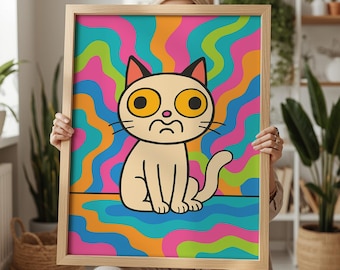 Psychedelic Cat Art Print, Colorful Poster, Trippy Retro Pop Art Decor (Instant Download)