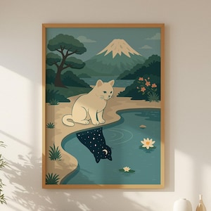 Minimal Cat Reflection Wall Art | Japandi Lake Night Print | Digital Download