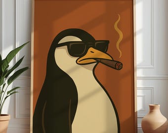 Stylish Penguin Wall Art, Funny Animal Print, Minimalist Home Poster, Digital Download