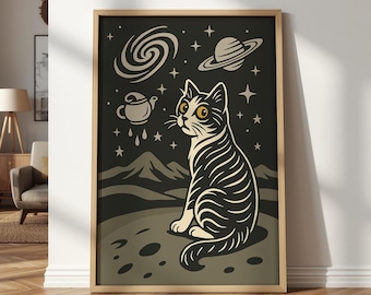 Cosmic Cat Wall Art Surreal Space Poster Minimal Retro Galaxy Cat Print Digital Download