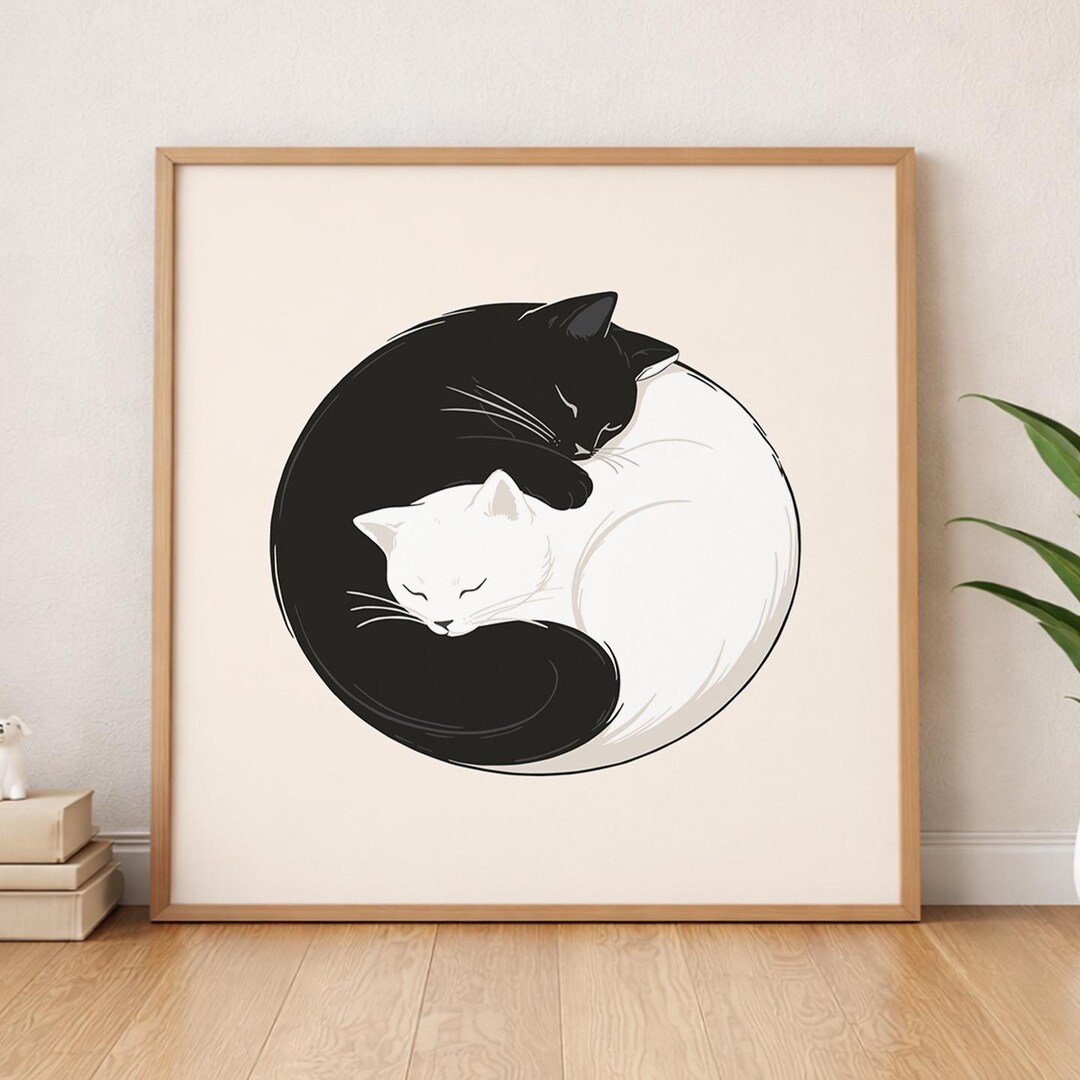 Minimal Yin Yang Cat Wall Art | Black White Cat Print | Modern Zen ...