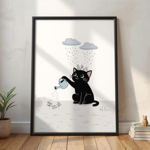 May include: A framed art print featuring a black cat watering flowers with a blue watering can. The cat is under two gray clouds with rain. The artwork is in a black frame and has a minimalist style.