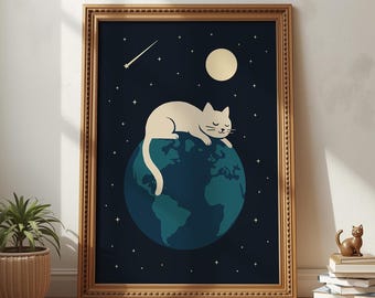 満月の猫のプリント | 宇宙アート | 白い猫 | 宇宙アート | 月の