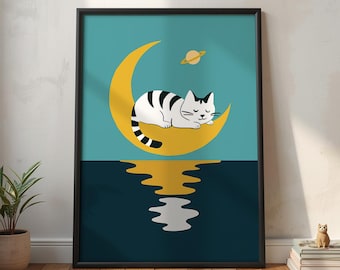 Póster de luna creciente de ensueño, arte minimalista de gato en el cielo nocturno, decoración celestial para la habitación del bebé.