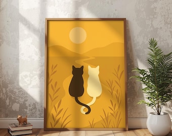 Romantic Cat Couple Sunset Poster Minimal Wall Art Warm Love Print Digital Download