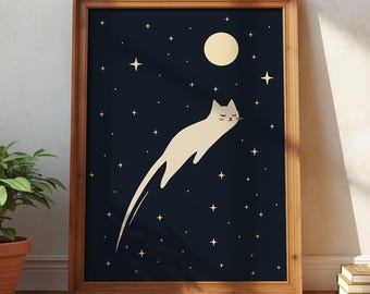 Cosmic Comet Cat Print – Minimal Surreal Wall Art | Celestial Cat Poster (Digital Download)