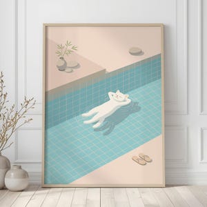 Japandi Cat Wall Art, Minimal Pool Cat Illustration, Calm Home Decor, Printable Download