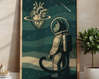 Astronaut Cat Print, Surreal Space Poster, Cosmic Illustration, Retro Sci Fi Art, Galaxy Decor
