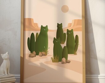 Cat Cactus Wall Art | Minimal Desert Cat Print | Calm Modern Home Decor (Digital Download)
