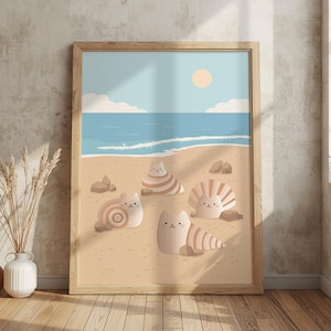 May include: A framed art print featuring a beach scene with cartoon seashell characters. The artwork depicts a sandy beach, blue ocean, and sky with a sun and clouds. The seashells are in various shapes and colors.