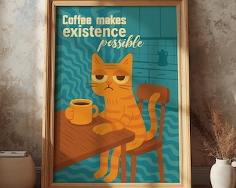 Koffiekatposter, grappige retro keukenprint, kattenliefhebber muurdecoratie