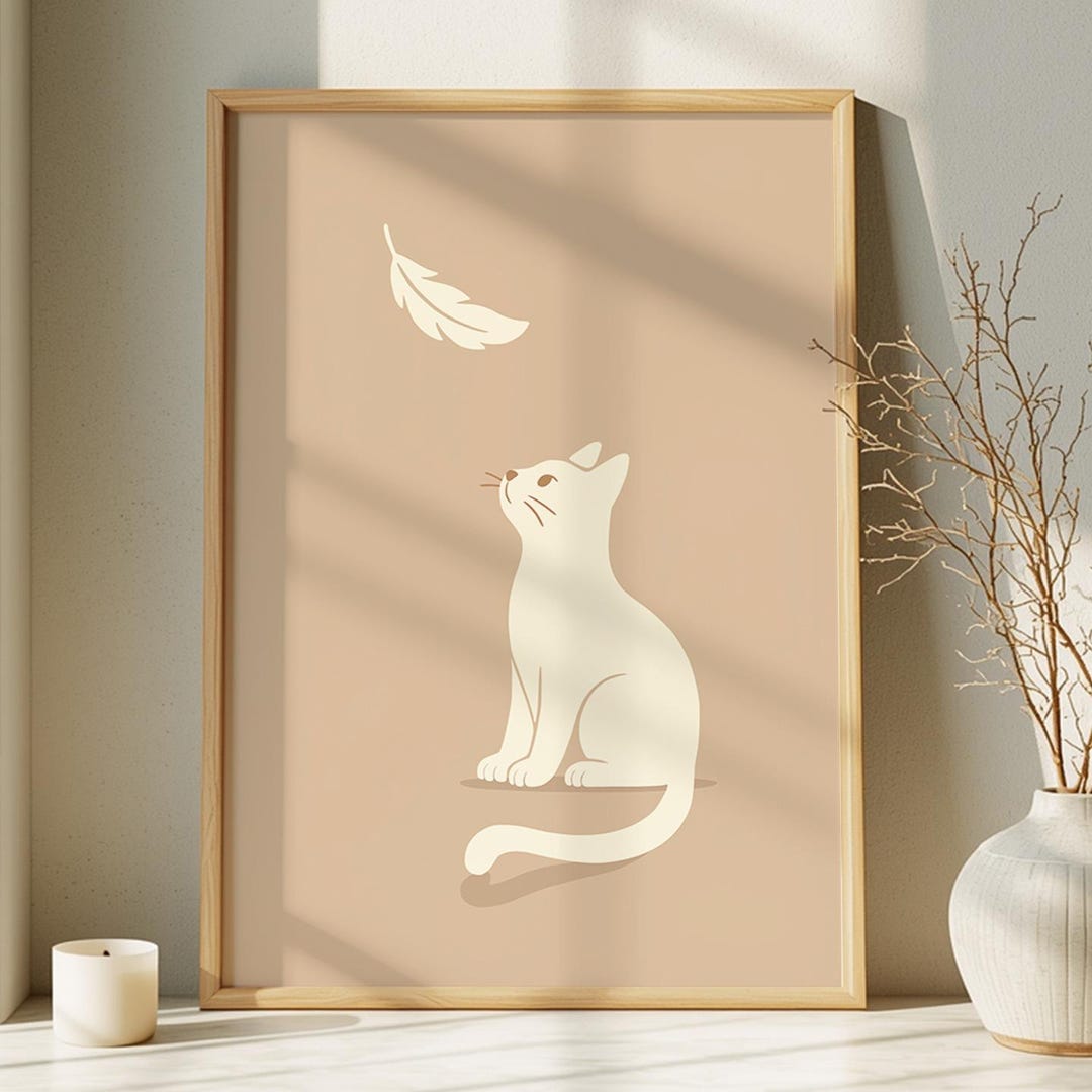 Minimal White Cat Wall Art – Calm Neutral Animal Print | Modern Home ...