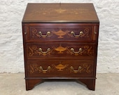 NOW SOLD!! Lovely Antique Edwardian Bureau Desk with Marquetry inlay.  Drawers for storage. Comes with key.