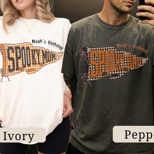 Spooky Mom Dad Shirt, Custom Halloween Birthday Pennant Tee, Personalized Checkered Family Matching Outfit, Comfort Colors Garment-Dyed Top
