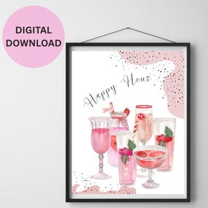 Stampa digitale Happy Hour - Cocktail rosa da parete, decorazione da bar per donne, poster di drink femminili, stampabile con alcolici divertenti per il bar di casa