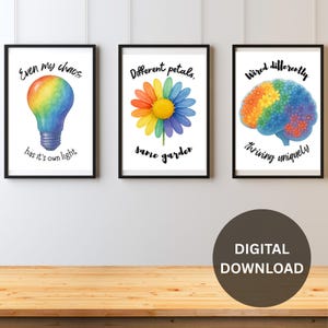 Neurodiverse Wall Art Set – 3 Rainbow Watercolor Prints | Digital Download | ADHD Autism Quotes | Inclusive Mental Health Decor