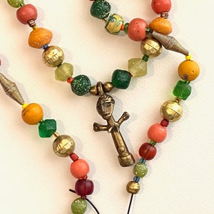 Extra Long Colorful Trade Bead Necklace Large Brass Pendant Orange Yellow Green Glass Beads Javanese n African Many Old Ethnic Boho Jewelry