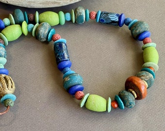 Earthy African Glass Necklace with Vintage Copal & Old Teal Glass Beads Boho Jewelry