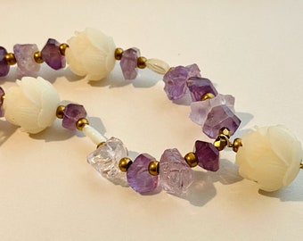 Carved Lotus Flowers Necklace Carved White Bodhi Seeds w Amethyst Clusters Faceted Amethyst and Super Seven Nuggets Gemstone Jewelry