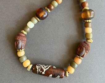 Earthy Brown and Gold Necklace w Tibetan Agate, Carved Bone, Vintage Moroccan Beads, Bodhi Seed and African Brass Fall Colors Boho Jewelry