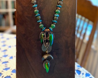 Copper Pendant Necklace w Espresso Brown Copper and Green Beetle Wing Dangles and Green African and Javanese Glass Beads Ethnic Boho Jewelry